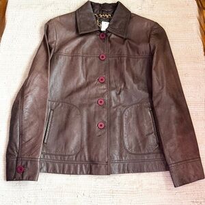 AMBER SUN Brown Leather Jacket Button Front Cheetah Print Lining Womens Medium